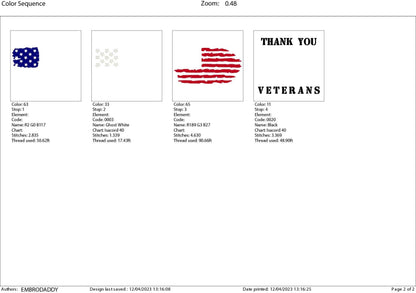 Machine Embroidery files, USA flag, thank you Veterans, American Flag, PES, dst, xxx, hus & more