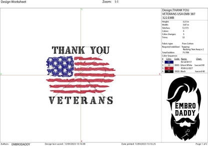 Machine Embroidery files, USA flag, thank you Veterans, American Flag, PES, dst, xxx, hus & more