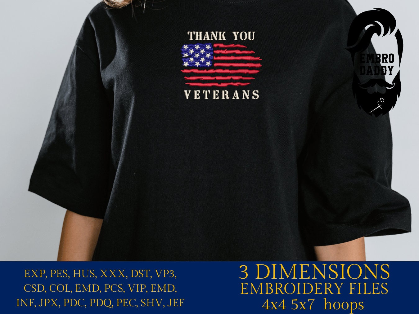 Machine Embroidery files, USA flag, thank you Veterans, American Flag, PES, dst, xxx, hus & more