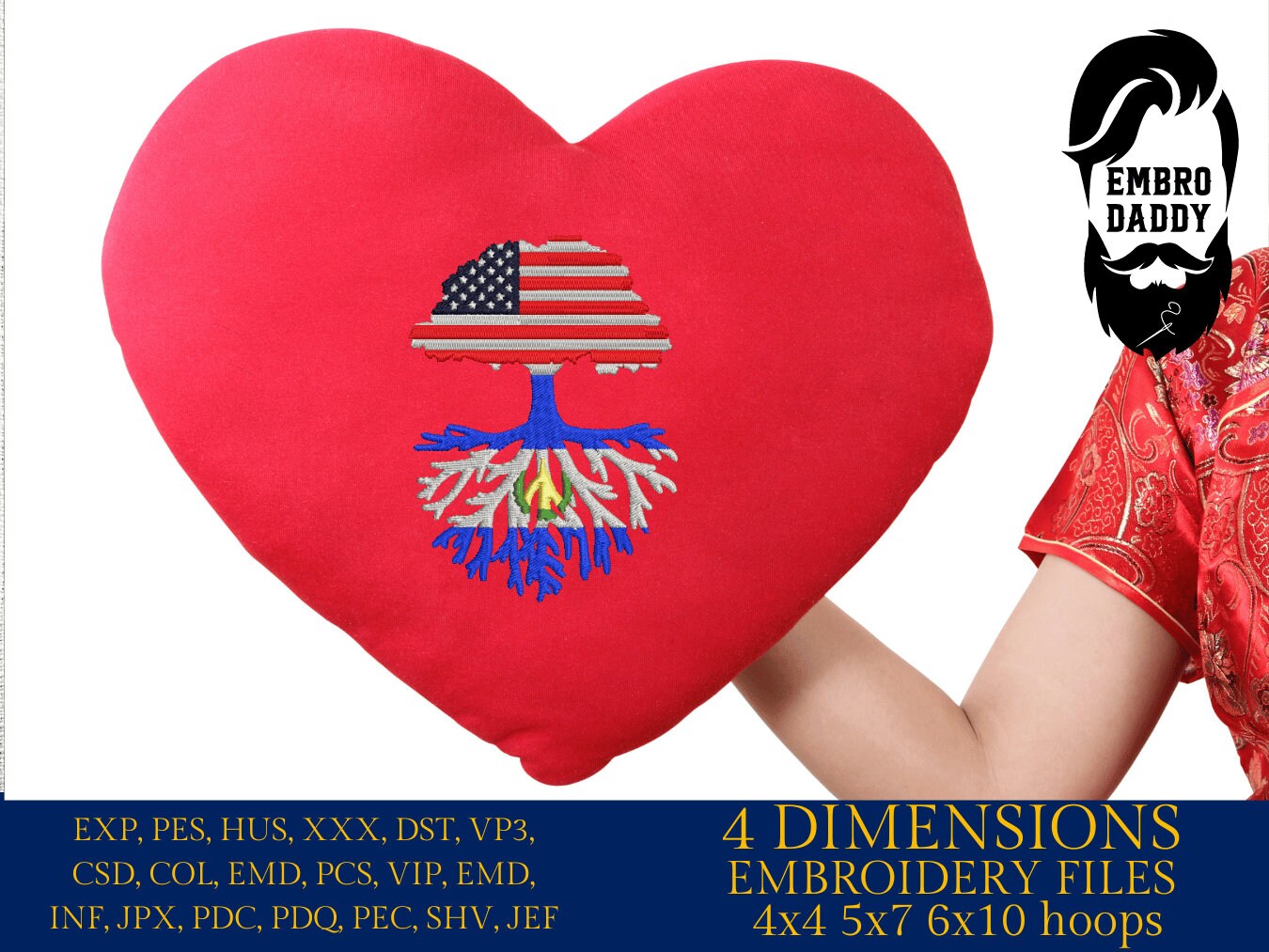 Machine Embroidery files, USA Tree El Salvador roots, PES, xxx, hus, dst & more