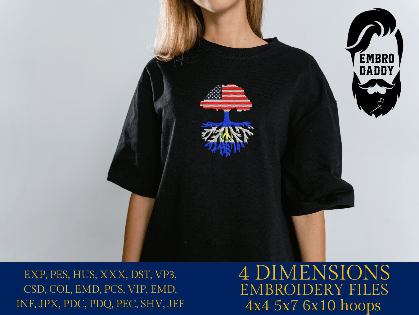 Machine Embroidery files, USA Tree El Salvador roots, PES, xxx, hus, dst & more