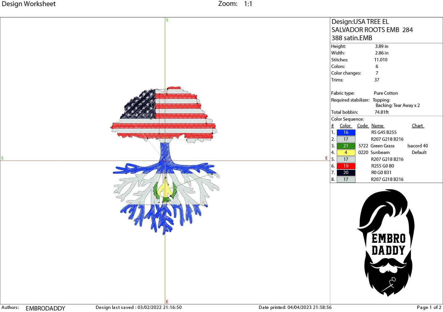 Machine Embroidery files, USA Tree El Salvador roots, PES, xxx, hus, dst & more