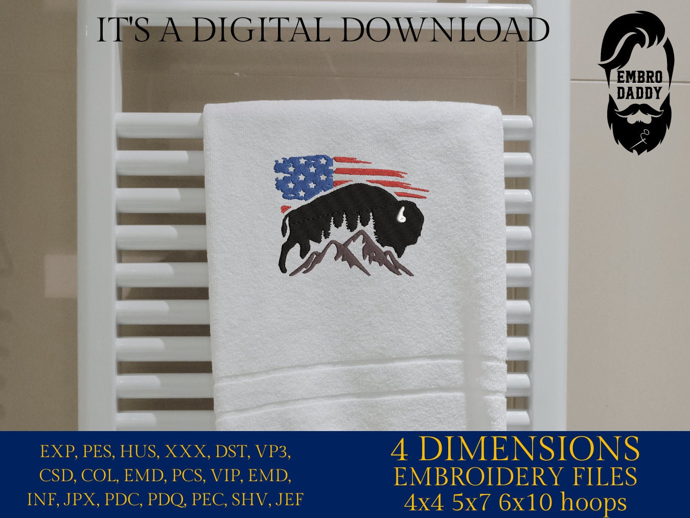 Machine Embroidery files, Usa flag bison, PES, dst, xxx, hus & more