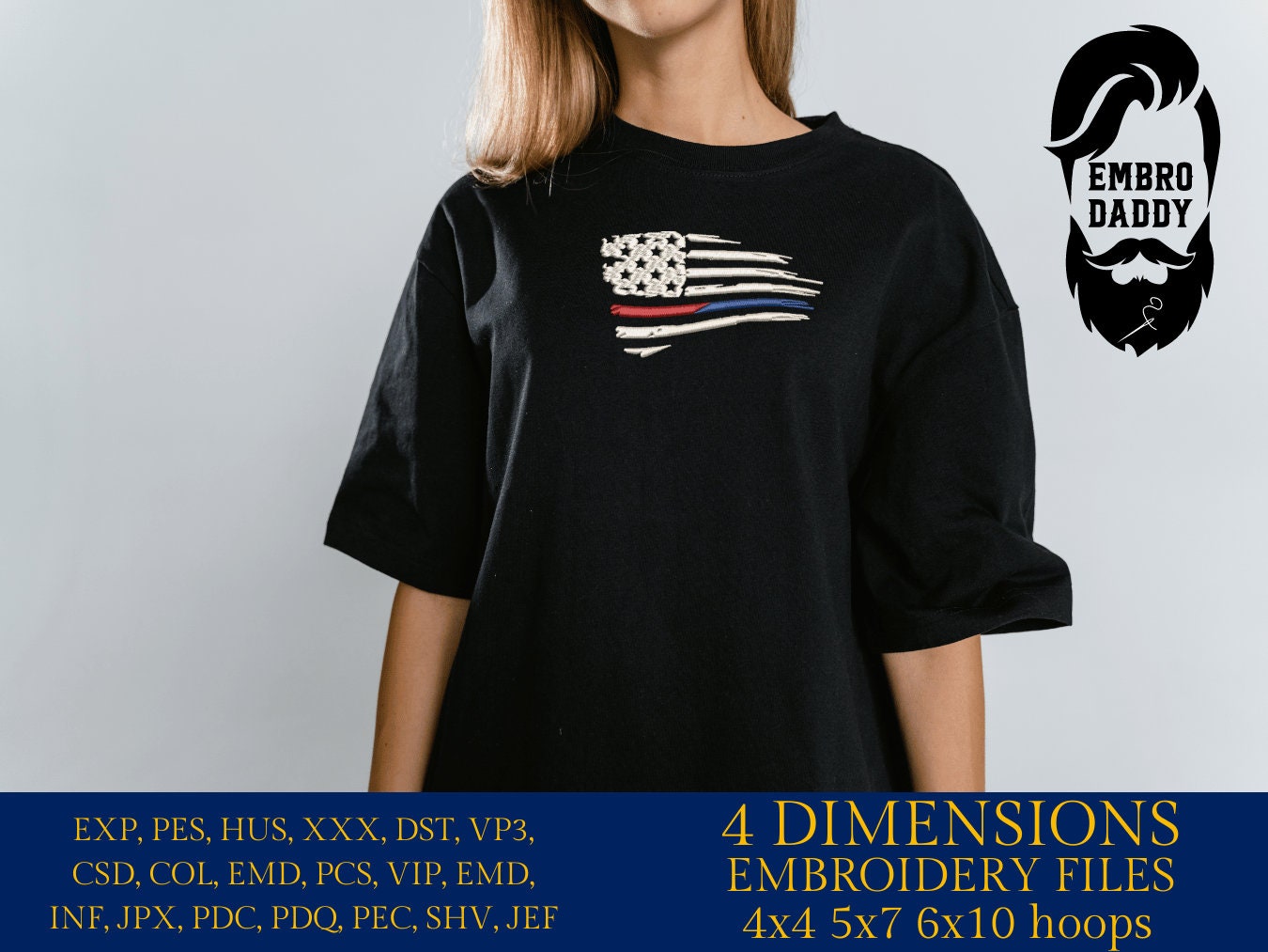 Machine Embroidery files, American Flag Thin Blue and Red Line, PES, DST, xxx, hus & more, embroidery files