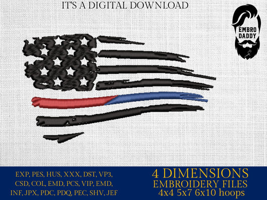 Machine Embroidery files, American Flag Thin Blue and Red Line, PES, DST, xxx, hus & more, embroidery files