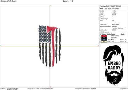 Machine Embroidery files, USA flag, Red Line Flag, Firefighter Flag, PES, xxx, hus, dst & more