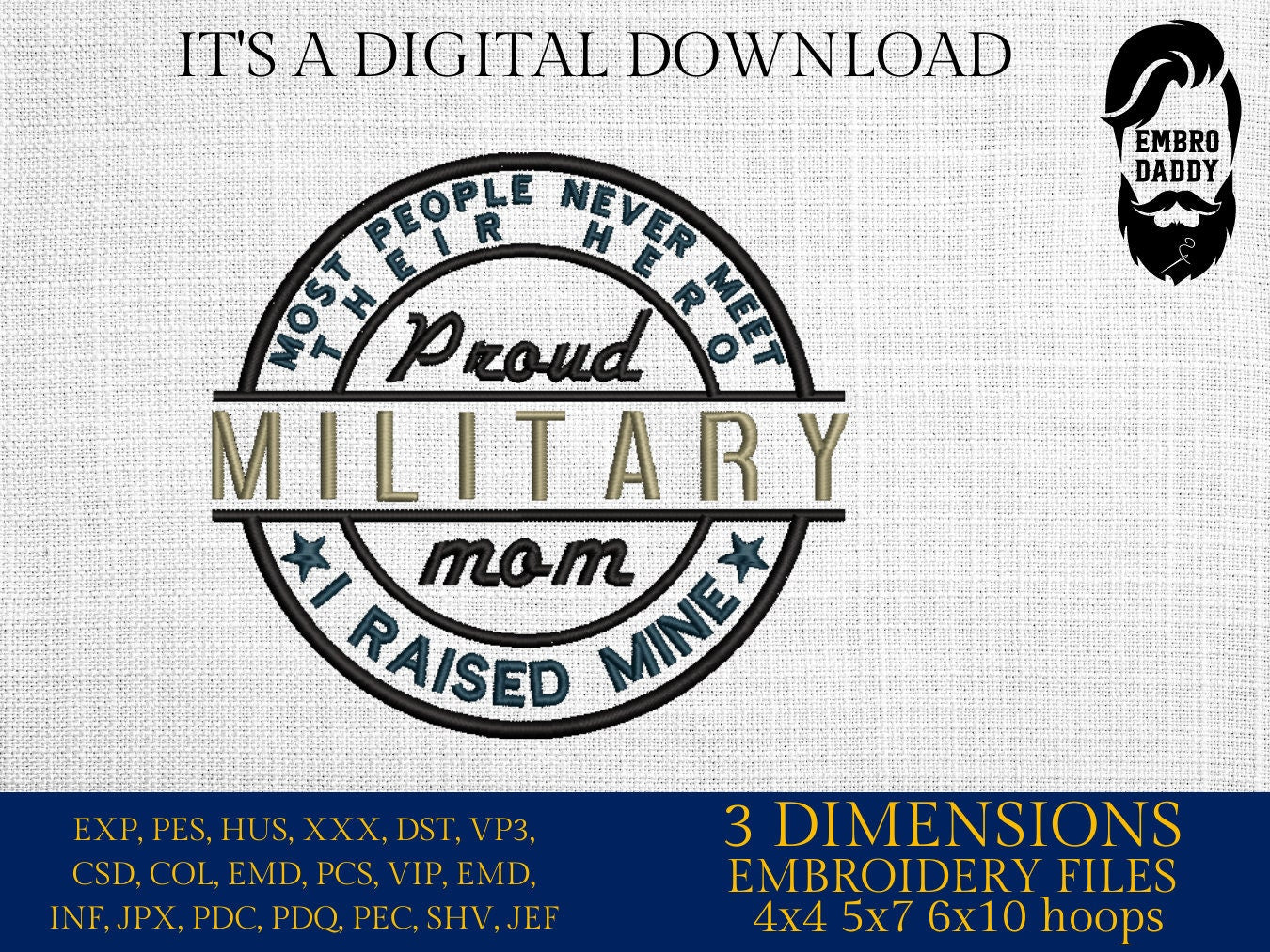 Machine Embroidery files, Proud Military Mom PES, DST, xxx, hus & more