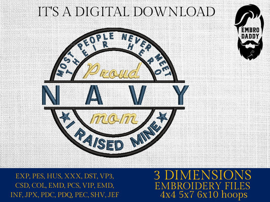 Machine Embroidery files, Proud Navy Mom PES, DST, xxx, hus & more