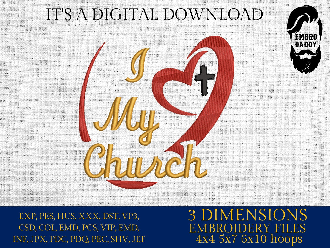 Machine Embroidery files, I love my Church, PES, xxx, hus, dst & more