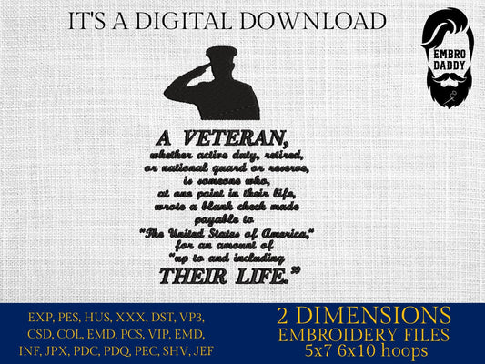 Machine Embroidery files, A Veteran, PES, dst, xxx, hus & more