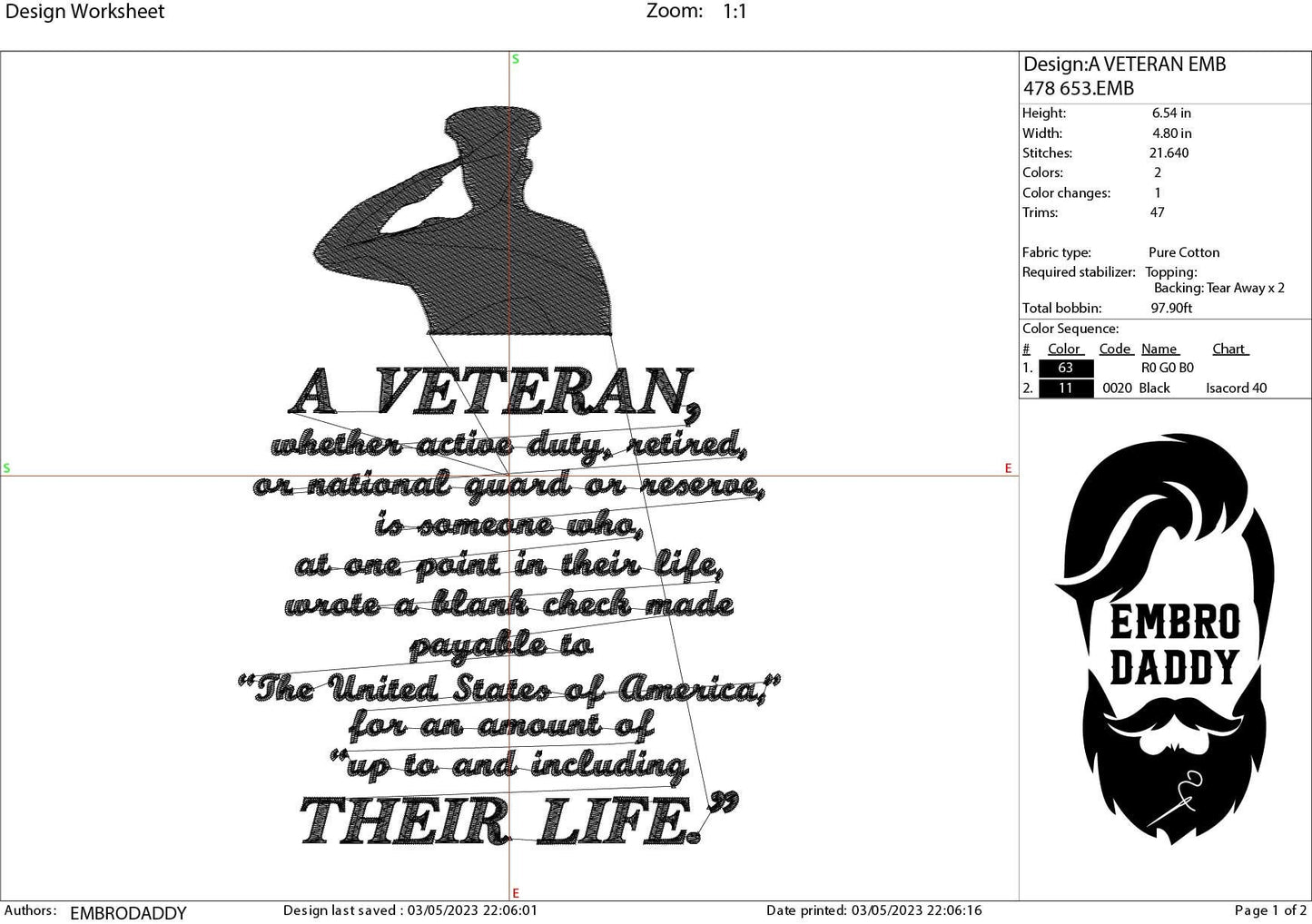 Machine Embroidery files, A Veteran, PES, dst, xxx, hus & more
