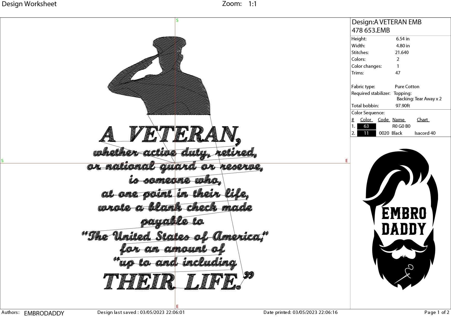 Machine Embroidery files, A Veteran, PES, dst, xxx, hus & more
