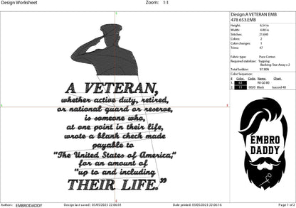 Machine Embroidery files, A Veteran, PES, dst, xxx, hus & more