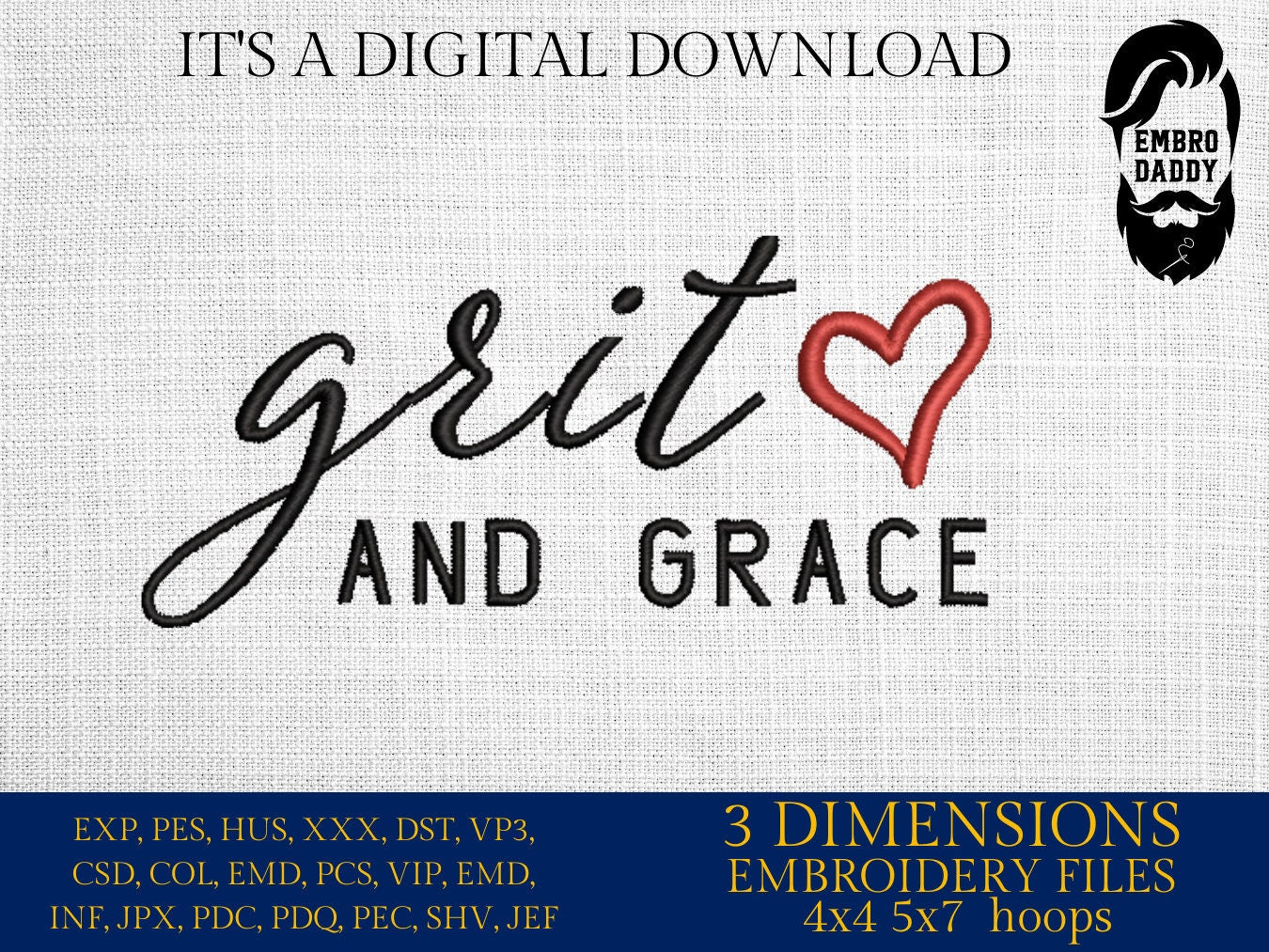Machine embroidery files, Grit and Grace PES, DST, hus & more