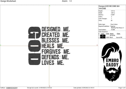 Machine Embroidery files, God designed me, PES, DST, xxx, hus & more