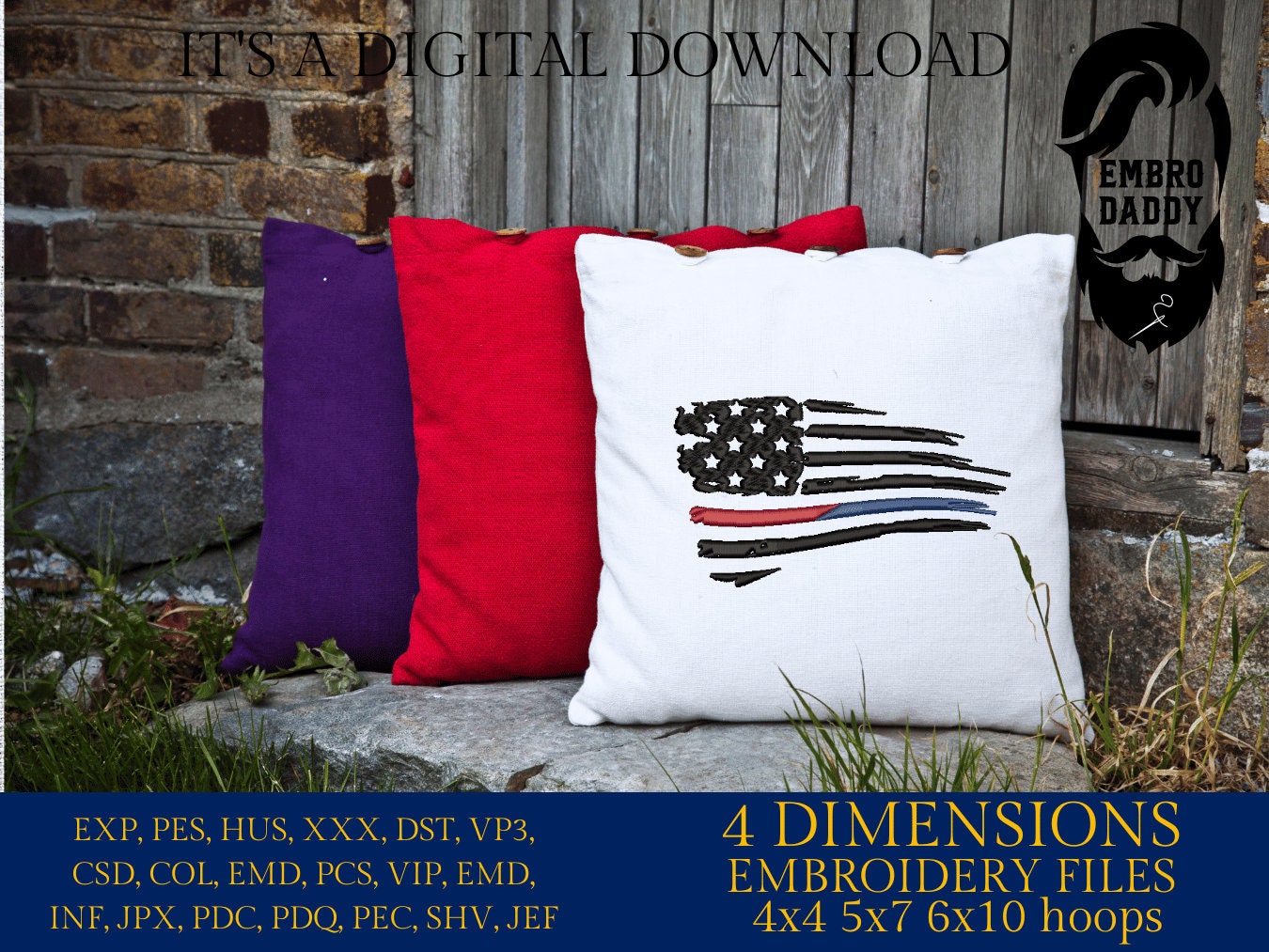 Machine Embroidery files, American Flag Thin Blue and Red Line, PES, DST, xxx, hus & more, embroidery files
