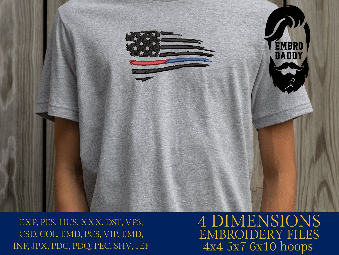 Machine Embroidery files, American Flag Thin Blue and Red Line, PES, DST, xxx, hus & more, embroidery files