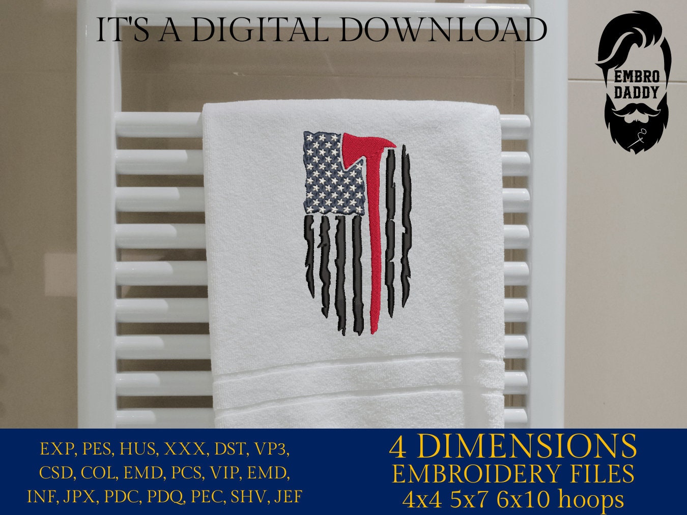 Machine Embroidery files, USA flag, Red Line Flag, Firefighter Flag, PES, xxx, hus, dst & more