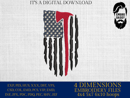 Machine Embroidery files, USA flag, Red Line Flag, Firefighter Flag, PES, xxx, hus, dst & more