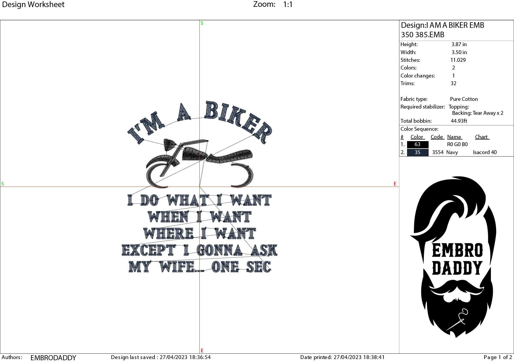Machine Embroidery files, I'm a biker, motorbike, biker, PES, xxx, hus & more