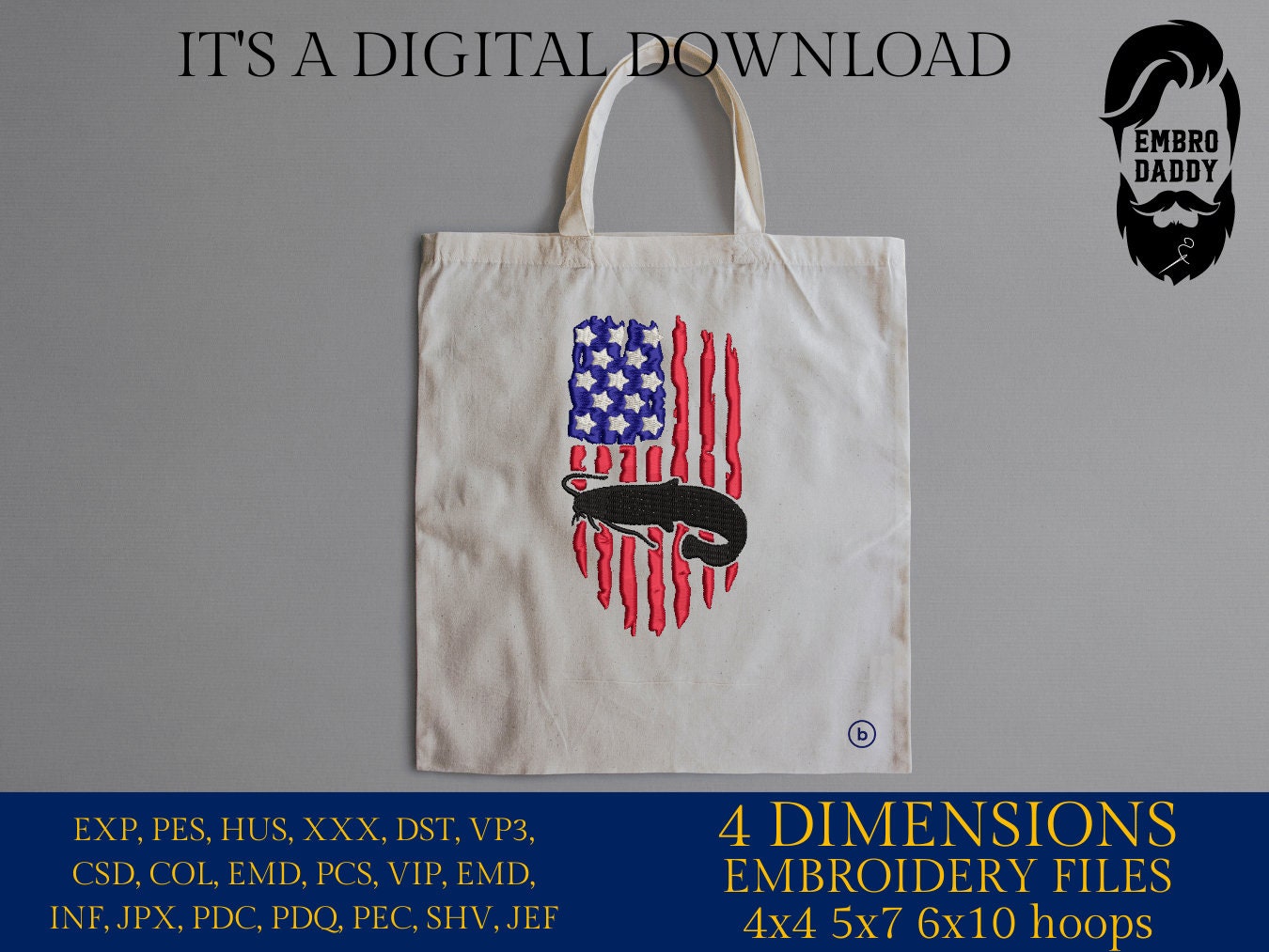 Machine Embroidery files, Catfish Flag USA, PES, xxx, hus, dst & more