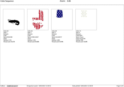 Machine Embroidery files, Catfish Flag USA, PES, xxx, hus, dst & more