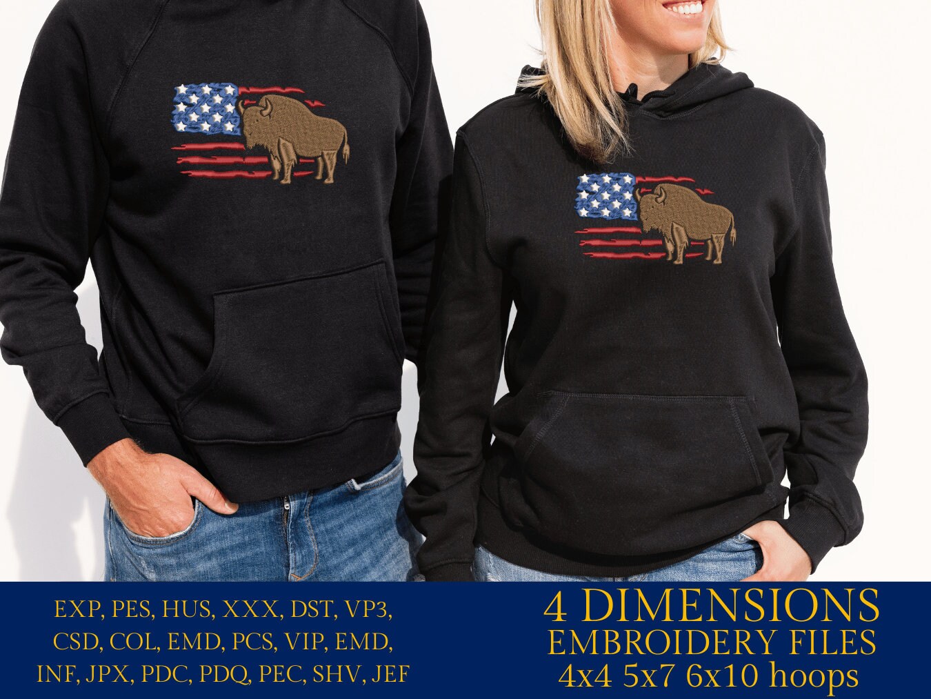 Machine Embroidery files, Usa Flag bison, DST, PES, xxx, hus & more