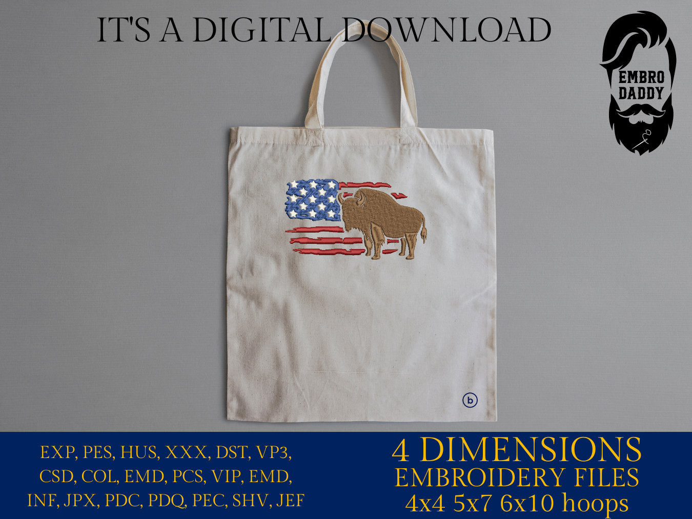 Machine Embroidery files, Usa Flag bison, DST, PES, xxx, hus & more