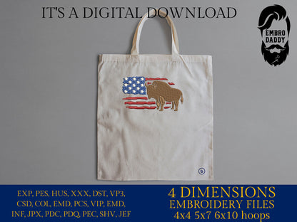 Machine Embroidery files, Usa Flag bison, DST, PES, xxx, hus & more