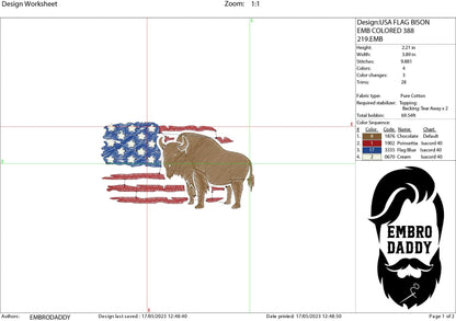 Machine Embroidery files, Usa Flag bison, DST, PES, xxx, hus & more
