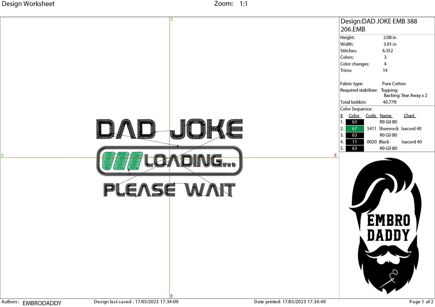 Machine Embroidery files, Dad joke loading, DST, PES, hus & more