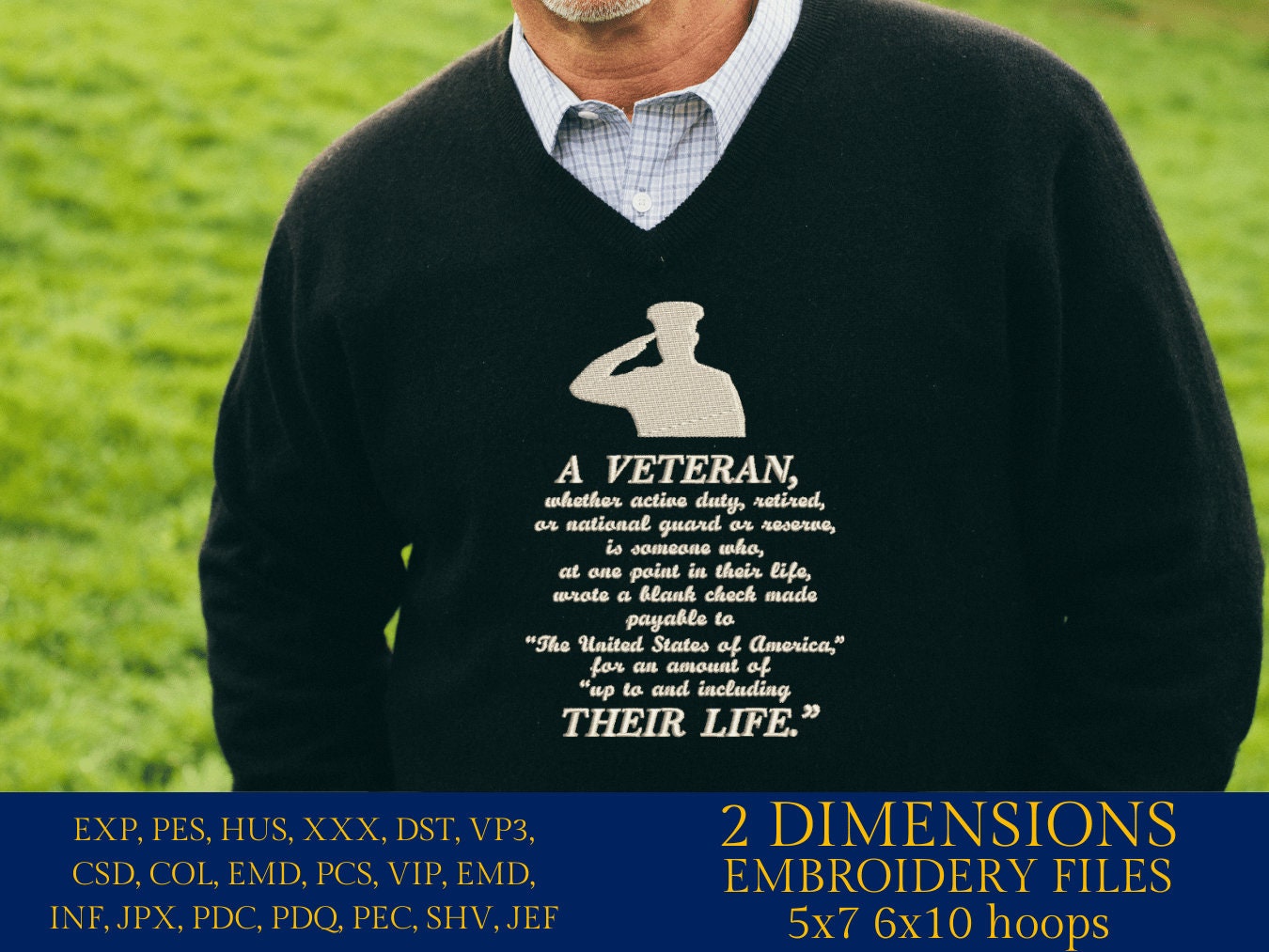 Machine Embroidery files, A Veteran, PES, dst, xxx, hus & more