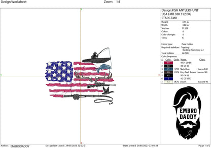 Machine Embroidery files, Fishing and Hunting American Flag, PES, DST, xxx, hus & more,