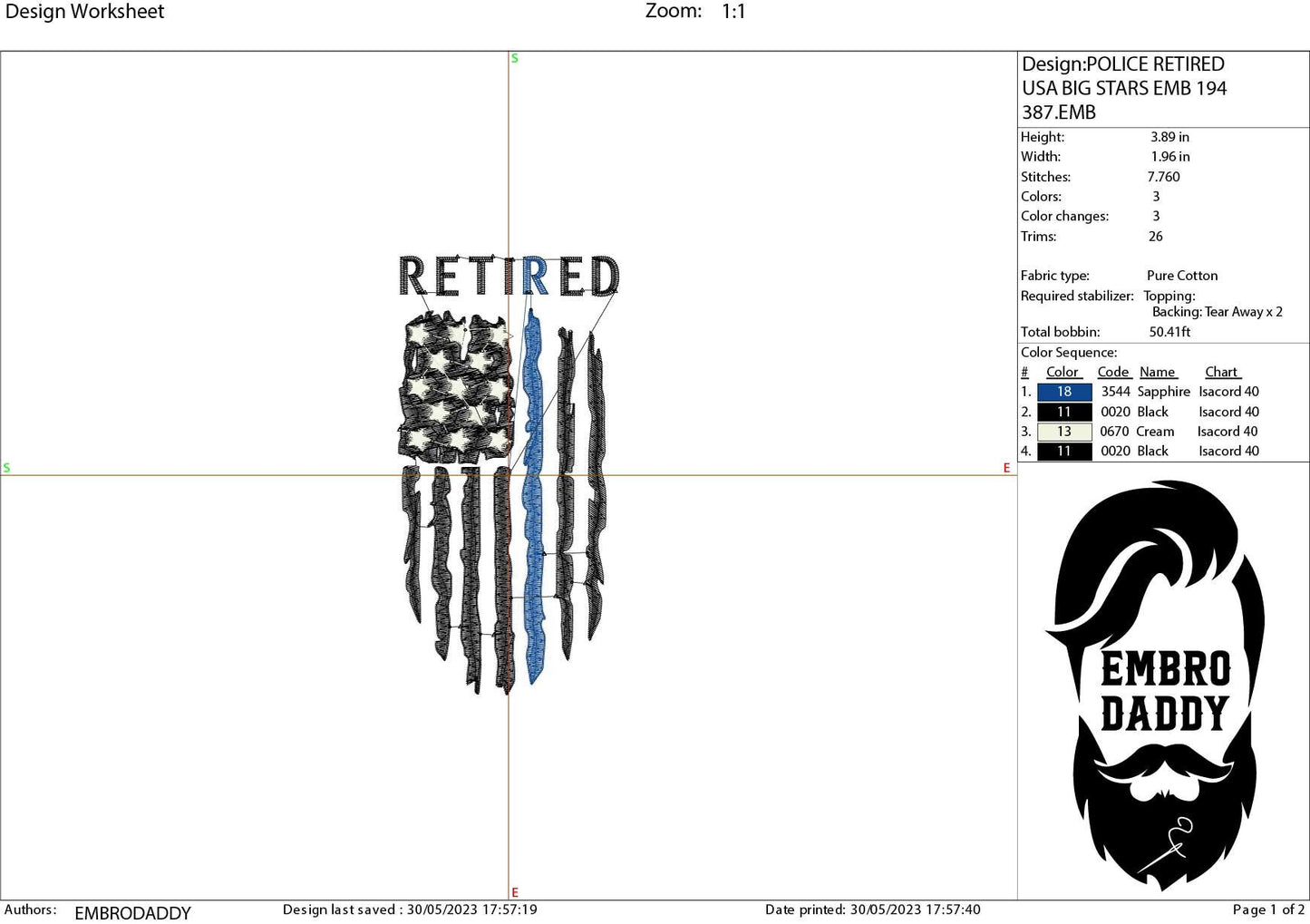 Machine Embroidery files, American Flag Retired Police officer, PES, DST, xxx, hus & more, embroidery files