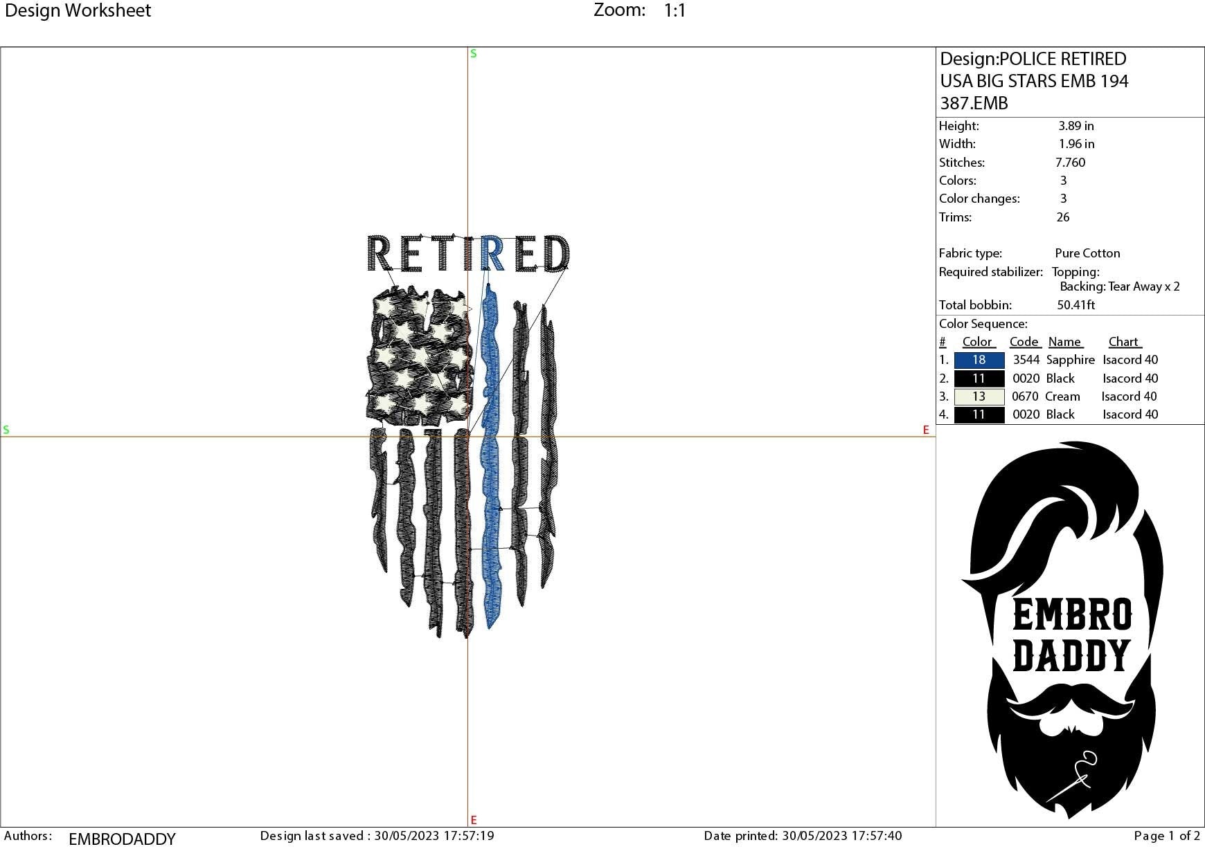 Machine Embroidery files, American Flag Retired Police officer, PES, DST, xxx, hus & more, embroidery files
