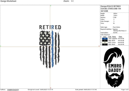Machine Embroidery files, American Flag Retired Police officer, PES, DST, xxx, hus & more, embroidery files