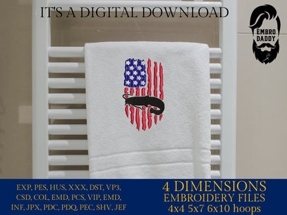 Machine Embroidery files, Catfish Flag USA, PES, xxx, hus, dst & more