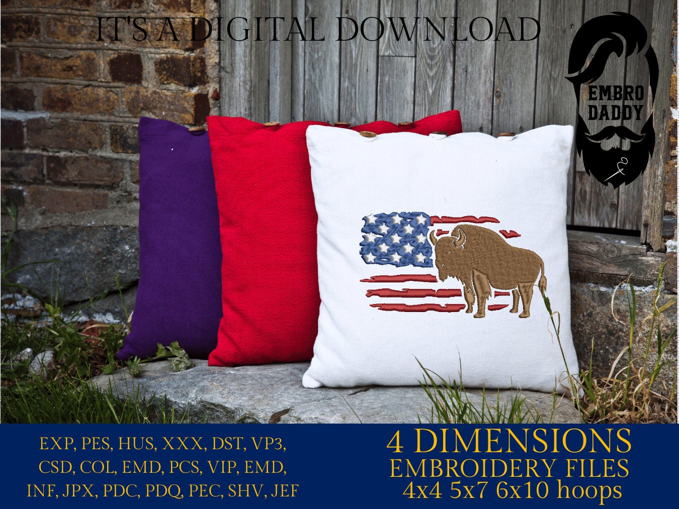 Machine Embroidery files, Usa Flag bison, DST, PES, xxx, hus & more