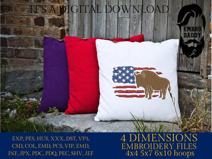 Machine Embroidery files, Usa Flag bison, DST, PES, xxx, hus & more