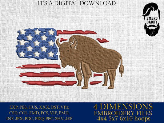 Machine Embroidery files, Usa Flag bison, DST, PES, xxx, hus & more