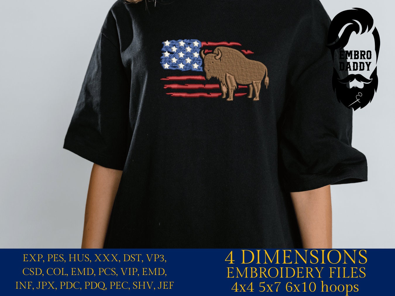 Machine Embroidery files, Usa Flag bison, DST, PES, xxx, hus & more