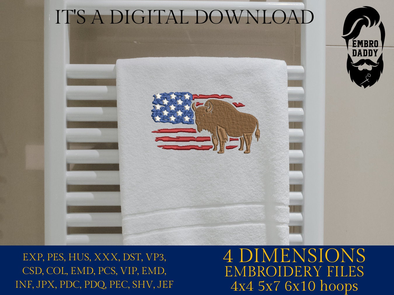 Machine Embroidery files, Usa Flag bison, DST, PES, xxx, hus & more