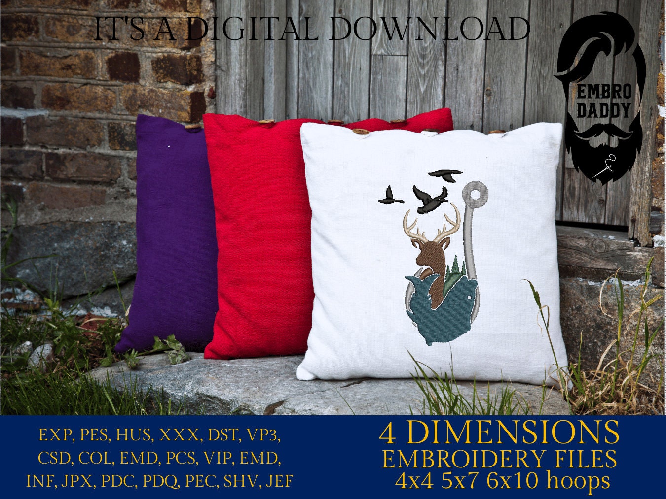 Machine Embroidery files, Fishing and Hunting hook, PES, DST, xxx, hus & more,