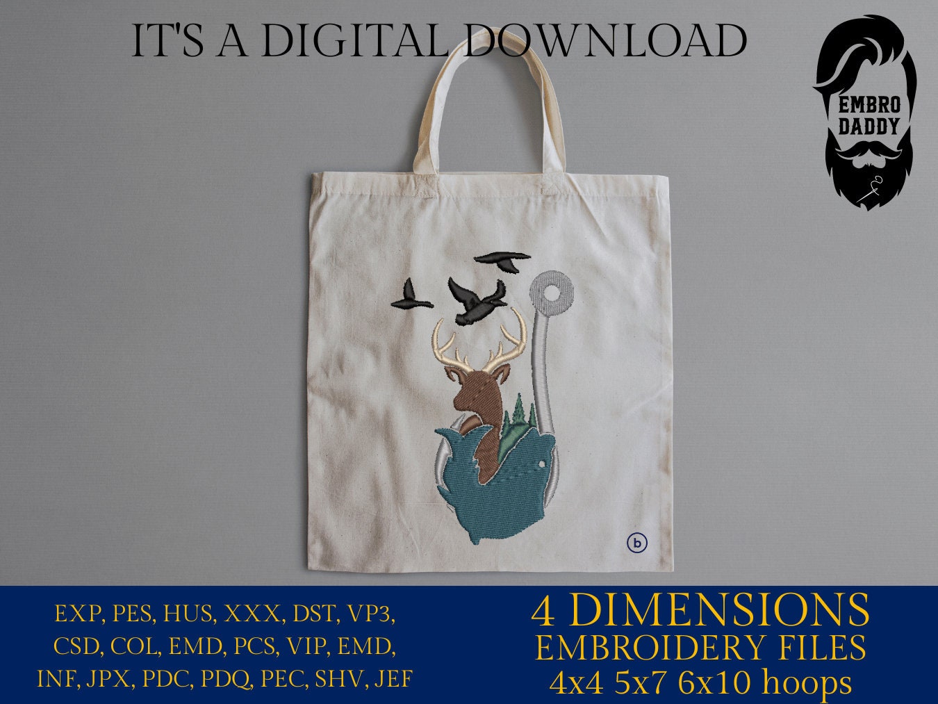 Machine Embroidery files, Fishing and Hunting hook, PES, DST, xxx, hus & more,