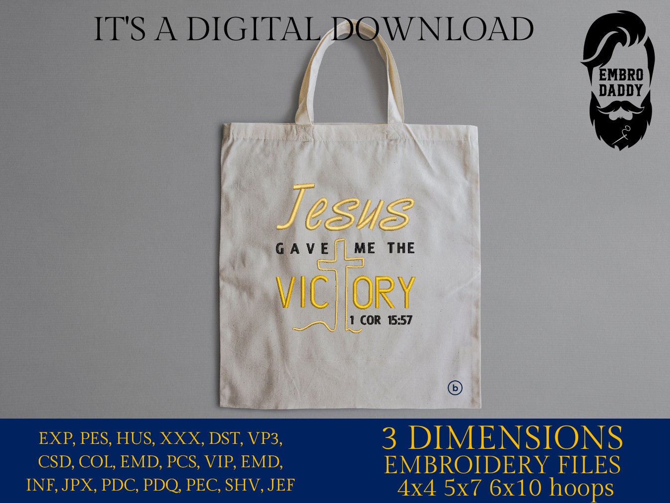 Machine Embroidery files, Jesus gave me the Victory, PES, DST, xxx, hus & more