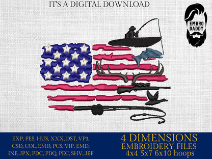 Machine Embroidery files, Fishing and Hunting American Flag, PES, DST, xxx, hus & more,