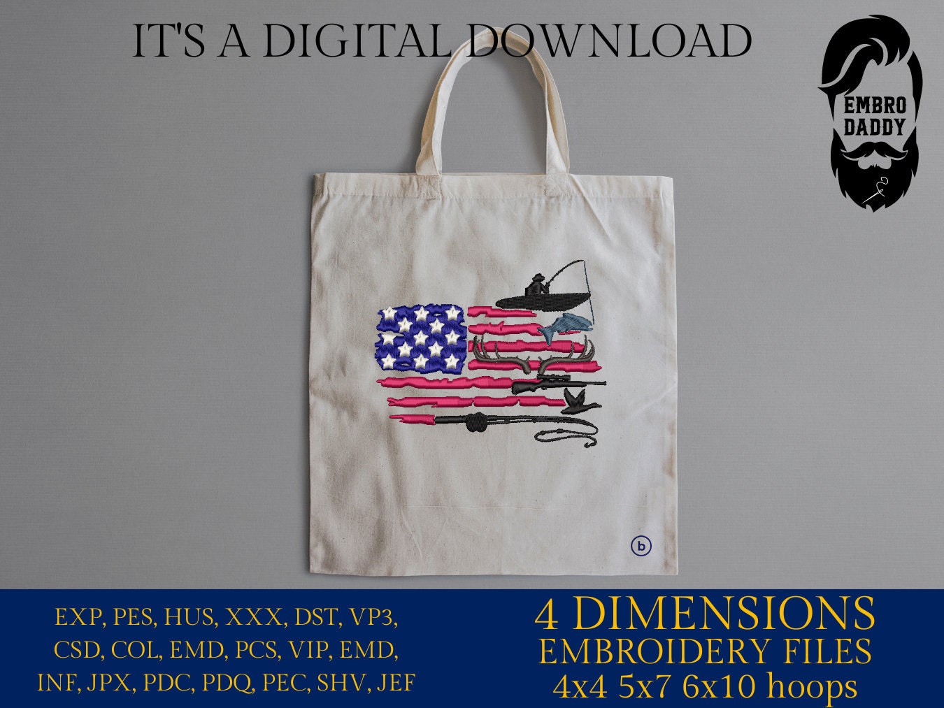 Machine Embroidery files, Fishing and Hunting American Flag, PES, DST, xxx, hus & more,