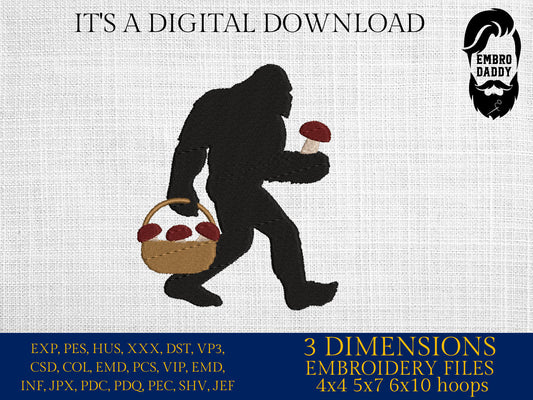 Machine Embroidery files, Bigfoot mushroom, Bigfoot pes, Big Foot, Yeti, Sasquatch PES, xxx, hus & more