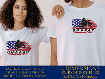 Machine Embroidery files, USA flag Motocross, Racking, dirtybike, DST, PES, xxx, hus & more