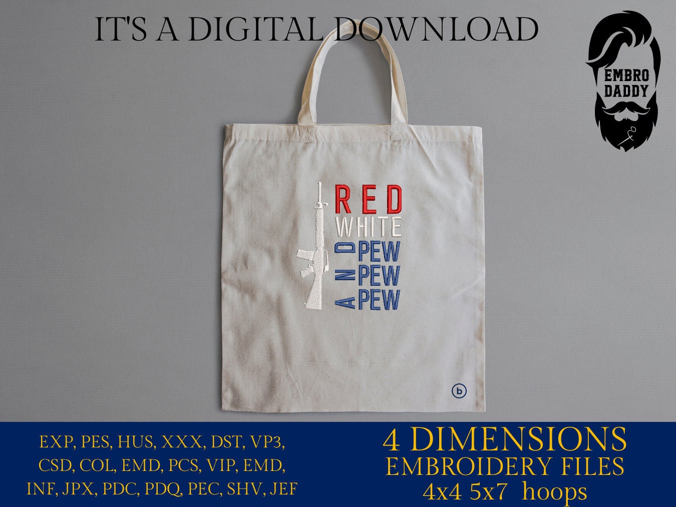 Machine Embroidery files, Red White and pew pew pew, DST, PES, xxx, hus & more